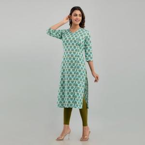 Women's Cotton Straight Kurta with Sea Green Floral Print (SHKUP1220) - Product Image 1