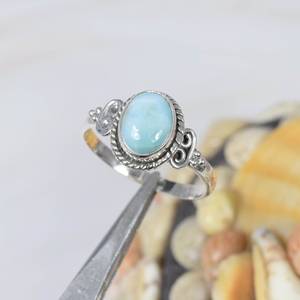 Bijoux fins précieux 100% bijoux en argent véritable bague en pierres précieuses Larimar forme brillante ovale belle couleur bleue pierre anneaux fins - Product Image 2