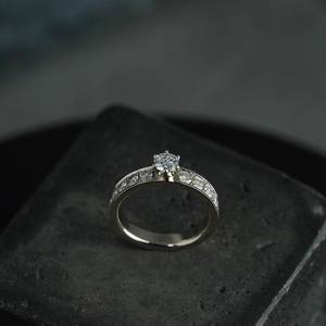 6mm Round Cut Moissanite Engagement <b>Ring</b> | <b>Solitaire</b> with Pave Side Stones | Gold or <b>Silver</b> Bridal Wedding Fine Jewelry OEM - Product Image 5