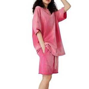 Short en vrac unisexe personnalisé Short lavé à l'acide en détresse Vintage bord brut coton éponge français Vintage rose couleur lavage à l'acide Shorts - Product Image 3