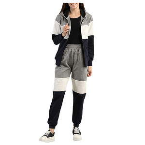 Chándal deportivo personalizado para mujer, conjunto de 2 piezas con camiseta y Sudadera con capucha de poliéster y algodón liso estilo panel lateral para invierno - Product Image 5