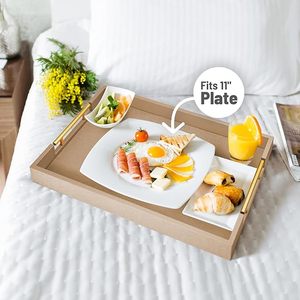 Plateau de service en bois avec poignées en métal poli or, plateau décoratif en bois rectangulaire en cuir pour la maison - Product Image 1