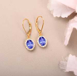 Boucles d'oreilles à fermoir à levier en argent sterling 925 plaqué or 14 carats avec tanzanite, halo élégant, cadeau d'anniversaire, bijoux pour femmes - Product Image 5