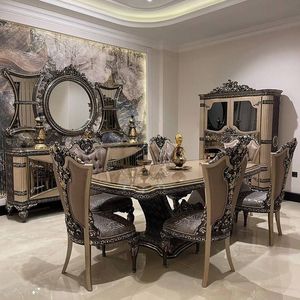 Ensemble de salle à manger d'hôtel de style européen antique, table et chaises en bois massif sculptées à la main, mobilier de palais classique, collection de 6 pièces - Product Image 1