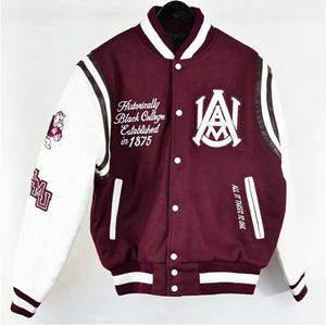 Chaqueta de punto High Street Style Alabama A & M University para Varsity, Mangas de cuero de piel de vaca, cuello levantado, transpirable para invierno - Product Image 1
