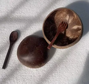 Ensemble de bols à noix de coco et cuillères et fourchettes en bois pour smoothie biologique, gravés et peints sur mesure, ensemble cadeau de qualité supérieure