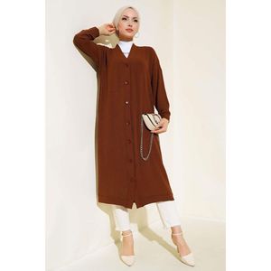Aerobin Brown <b>Cardigan</b> <b>Long</b> Casual Wool and Acrylic Print and Solid Pattern <b>Plus</b> <b>Size</b> Autumn Winter Button Decoration - Product Image 1