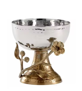 Cuenco de metal y acero de alta calidad, cuencos de servicio de forma redonda de trabajo elegante con soporte de metal dorado para decoración de eventos de boda - Product Image 1