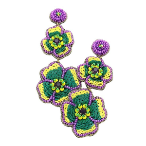 Fait à la main Mardi Gras violet vert jaune paillettes fleur Huggie boucles d'oreilles perle de rocaille bijoux de l'Inde par glowin fashion - Product Image 2