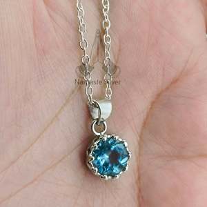 Handmade Dainty Blue Topaz Pendant Chain Necklace 925 Sterling <b>Silver</b> Gemstone <b>Locket</b> Birthday Anniversary Gift for Her - Product Image 4