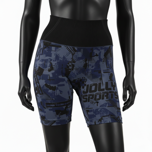 Shorts de mujer tipo booty, 220 GSM, poliéster y spandex, azul y negro con paneles, cintura alta, logotipo personalizado por sublimación, shorts tipo booty para mujer - Product Image 1