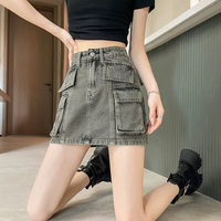 Jupe-short en jean vintage taille haute respirante 100 % coton délavé moyen coupe droite multi-poches à motifs diamants pour femme