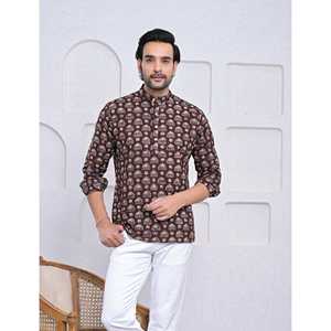 Kurta Corta Informal de Algodón Estampado para Hombre con Mangas Largas - Product Image 1