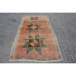 Turkish 3.5x11.9 ft Rug, <b>Runner</b> Vintage Rug, Brown <b>Green</b> Ikat Wool Rug - Product Image 1