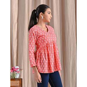 <b>Peach</b> Jaipuri Block Printed Women's Cotton Peplum <b>Top</b> Women's Knit <b>Tops</b> - Product Image 3