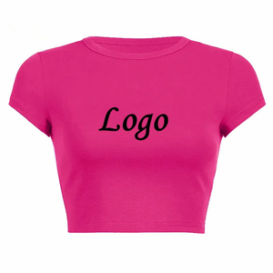 โลโก้ที่กําหนดเองฤดูร้อนหญิงชุดสีทึบรอบคอผู้หญิง Crop Top เสื้อยืดที่กําหนดเองธรรมดาผ้าฝ้ายผู้หญิงกราฟิกเสื้อ T เสื้อ - Product Image 1