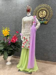 Travail de broderie indienne prêt à l'emploi 3 pièces ensemble concepteur pakistanais vêtements ethniques Georgette tissu Sharara Gharara Kurti cousu - Product Image 5