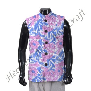 Veste pour homme en coton matelassé imprimé de blocs, veste à fleurs élégante 100% coton, veste d'hiver sans manches faite à la main vintage - Product Image 4