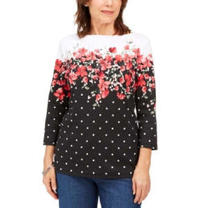 Karen Scott Haut décontracté à col bateau imprimé Emily pour femme, noir, taille moyenne - Product Image 1