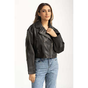 Chaqueta Blazer de Cuero PU para Mujer, Personalizable, Estilo Motero, Manga Larga, Cuello Camisero, Color Liso, Otoño-Primavera - Product Image 6