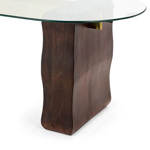 Hand Crafted Durable Solid Acacia <b>Wood</b> New Waves Pattern Thick Pedestal <b>Legs</b> Gold Metal & Walnut Glass Top Kitchen <b>Dining</b> <b>Table</b> - Product Image 5