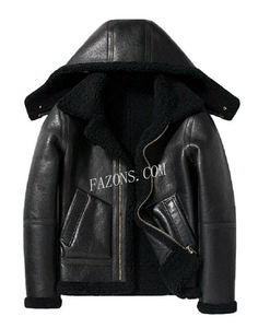 Blouson aviateur en cuir de mouton pour homme, à capuche amovible, doublure chaude, veste d'hiver, veste de moto - Product Image 1