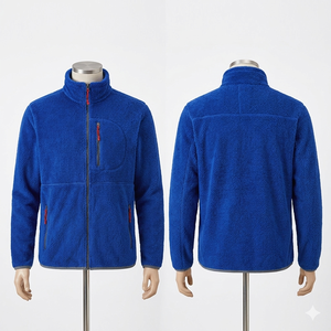 Veste de travail en polaire Teddy Sherpa Premium 450 GSM, crème avec bordure marine, logo personnalisé, fermeture éclair intégrale, hiver, randonnée, camping - Product Image 4
