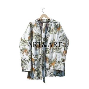 Veste élégante en coton biologique à imprimé floral réversible, écologique, matelassée, style kimono, col en V, ceinture, automne/printemps - Product Image 1