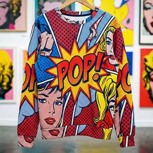 Sweat-shirt d'hiver pour homme inspiré du pop art, imprimé rétro de bandes dessinées, col rond, couleurs primaires vives, 100% coton molletonné - Product Image 1