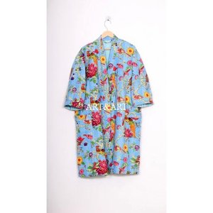 Kimono en coton fait main pour femme, patchwork Kantha, col en V, manches longues, respirant, double couche, poches, ceinture naturelle, été-printemps - Product Image 1