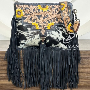 New Trendy Fashionable Women's Saddle Hand Tooled Cowhide Leather Fringe Crossbody Shoulder Bag Luxury Floral Designer Handbags - Product Image 1