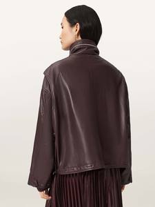 Chaqueta Utilitaria de Piel de Oveja Borgoña para Mujer, Chaqueta de Invierno Ecológica con Bolsillos Cargo Extra Grandes y Cuello Alto, Regalo - Product Image 4