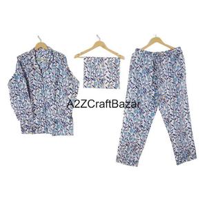 Pijama Largo de Verano al por Mayor, 100% Algodón Puro, Estampado en Bloques, para Mujer, Ropa de Dormir Cómoda para Mujeres y Niñas - Product Image 1