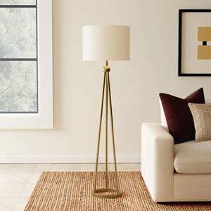 Sonder Lampe sur pied trépied moderne en fer doré de 60 pouces avec abat-jour de tambour en lin Lumière LED pour application de bureau - Product Image 1