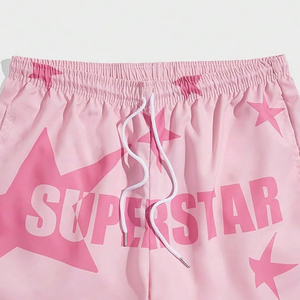 Pantalones cortos de secado rápido transpirables de algodón 100% con estampado de estrellas rosas personalizadas de estilo callejero para hombre, informales, holgados, a la moda para entrenamiento - Product Image 3