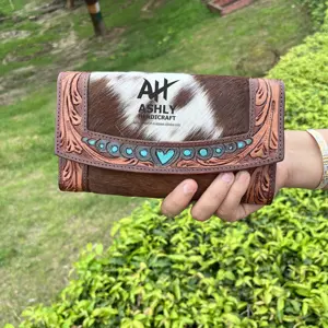 Real cowhide Tooled Genuine Leather Wallet Stylish Handmade Cowhide Handbag Western boho bag women hand clutch Smart Style