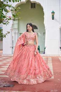 Ensemble Lehenga Choli brodé pour femmes, séchage rapide, vert olive pastel, pêche, tenue de fête de mariage, tenue de fête avec dupatta - Product Image 5