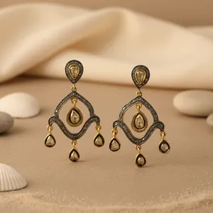 ต่างหูเพชรทรงหยดน้ำชุบทองสไตล์อินเดียสุดหรู - Product Image 2