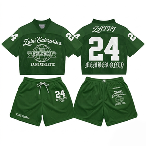 เสื้อยืดและกางเกงขาสั้นสีเขียวผ้าโพลีเอสเตอร์ตาข่ายเบิร์ดอาย 280 GSM พรีเมียม ระบายอากาศได้ดี เหมาะสำหรับฤดูร้อน สไตล์ลำลอง พิมพ์โลโก้ลายนูน - Product Image 1