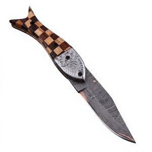 Cupper Damascus Steel Folding <b>Knife</b> <b>Fish</b> Shape Pocket <b>Knife</b> Wooden handle steel engraved booster liner lock - Product Image 1