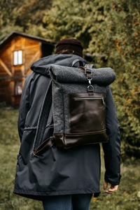 Custom fasion Style Genuine <b>Leather</b> Roll Top <b>Laptop</b> Rucksack Winter Backpack in Grey Perfect Gift for Boyfriend - Product Image 6