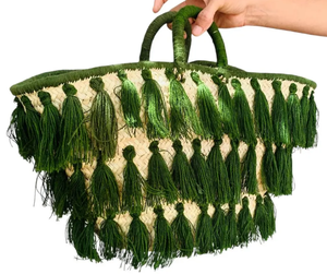 Tassel panier marocain fait à la main feuille de palmier fourre-tout avec frange verte Boho marché sac - Product Image 2