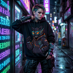 Sudadera con capucha Cyberpunk Techwear para hombre, de algodón de 450 g/m², con gráfico de gatito <span class=keywords><strong>hacker</strong></span> enmascarado, estilo streetwear vintage con cremallera - Product Image 3