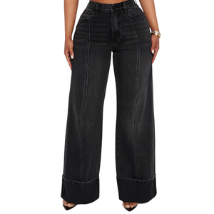 Vaqueros negros de mezclilla de pierna ancha para mujer, de corte medio, casuales, de longitud completa, holgados, transpirables, de secado rápido, estilo vintage, lavados, con costuras rectas y dobladillos. - Product Image 1