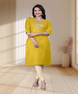 Kurta en coton brodé RICH LOOK TESLA, à porter au quotidien, séchage rapide, dernier design, multicolore, prix de gros, vêtement ethnique, jaune - Product Image 1
