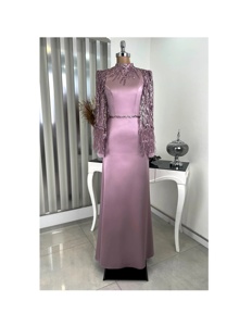 Robe de soirée en satin avec perles et paillettes Cape détaillée brodée sur le devant Abaya robe islamique modeste - Product Image 2