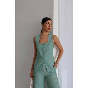 Completo da donna in lino a due pezzi con colletto quadrato elegante ed elegante - Product Image 6