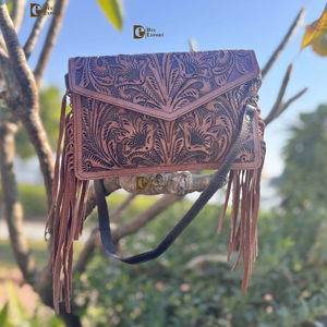 New Designer Hand Tooled <b>Fringe</b> Handbag Real Leather Handmade Carving Tooling Sling <b>Bag</b> Stylish <b>Bags</b> for Women Multi Use - Product Image 1