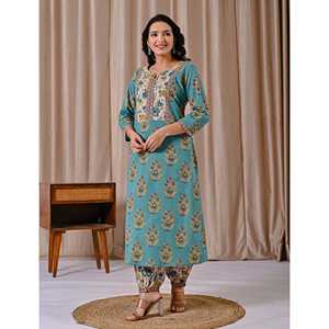 Conjunto de Kurta Afghani de Corte Recto con Estampado Butta Block, Estilo Casual Cian - Product Image 4