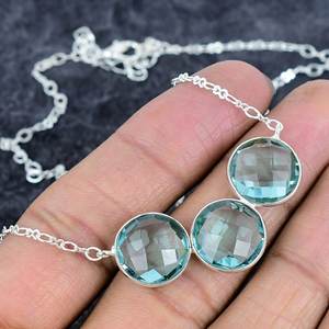 Topaze bleue forme ronde trois pierres précieuses 925 collier plaqué argent pour les femmes collier chaîne délicate collier bohème cadeaux pour elle - Product Image 1